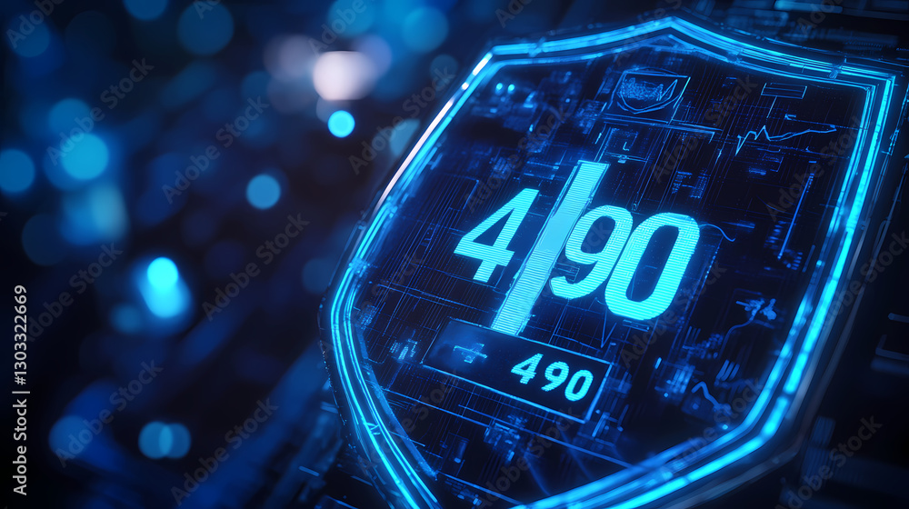 Poster cybersecurity status 490: a futuristic digital shield displays the number 490, symbolizing a high le