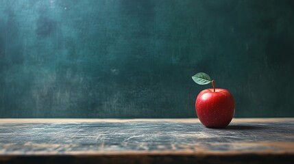 Red apple on rustic wooden table, teal chalkboard background