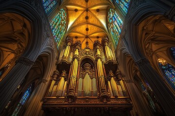 Obraz premium pipe organ inside a historic cathedral, captured from a low-angle perspective to emphasize its towering presence. 