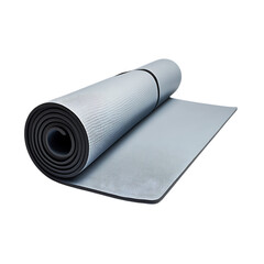 Rolled up gray and black yoga mat. Exercise, fitness, and well being.