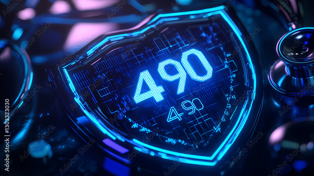 Poster digital shield: highlighting the number '490' within a futuristic digital shield, this image capture