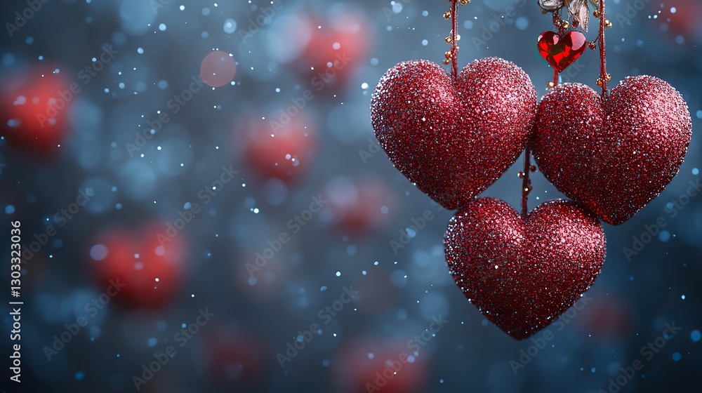 Poster valentines day background with red hearts on bokeh background