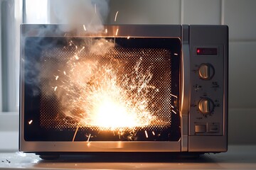 Malfunctioning Microwave Oven Sparks and Smoke Hazard Warning