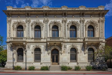Naklejka premium A historic structure featuring ornate plasterwork on the facade, symmetrical windows, and arched entrances