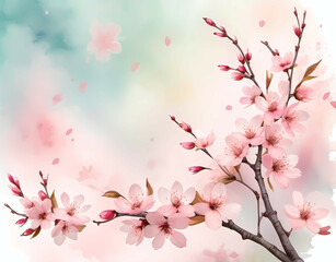 A dreamy greeting card with pink cherry blossoms falling in a gentle breeze over a soft watercolor background, symbolizing love and gratitude. Generative AI