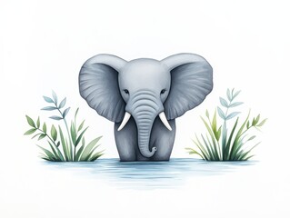 A serene illustration of an elephant emerging from a calm water body, surrounded by lush greenery