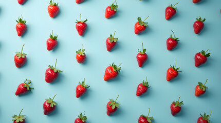 Bright Red Strawberries on Light Blue Background Food Pattern Flat Lay