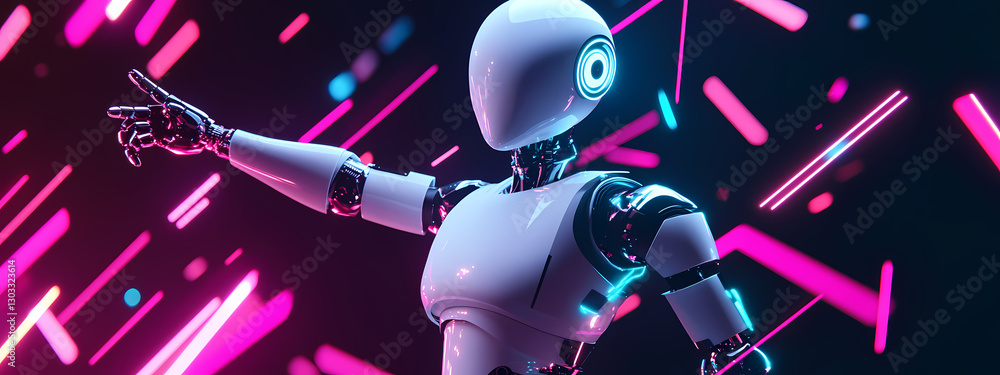Aufkleber futuristic robotic guide: an advanced humanoid robot, adorned with sleek metallic components and a f