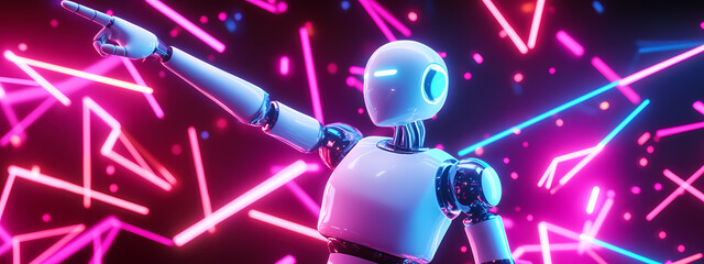 Fototapeta premium Neon Robot Dance: A futuristic white robot with glowing blue accents strikes a dynamic pose against a backdrop of vibrant neon pink and blue lines.