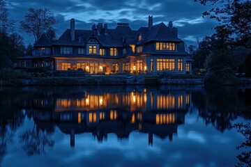 Obraz premium A lakeside mansion with illuminated windows reflecting softly on the water at night
