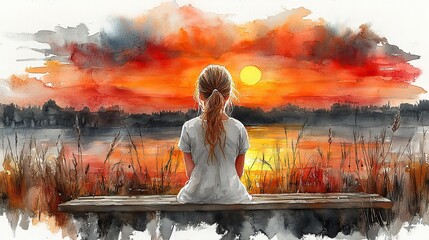 watercolor illustration of a little girl in a white dress sitting on a bench in worship and looking at the sunset
