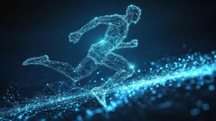 Abstract runner, digital lines, glowing, motion.