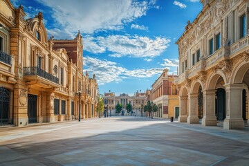 Fototapeta premium A large public square flanked by Renaissance Revival buildings with detailed plaster ornamentation