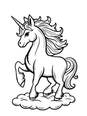 Fototapeta premium Black and white unicorn drawing with majestic pose for coloring book