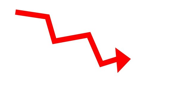 Red downward arrow with a smooth animation on a chroma key background, symbolizing market crash, financial decline, bankruptcy, economic recession, and business failure