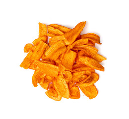 Dry carrot chips isolated, dried sliced red vegetable, healthy crispy snack flakes pile