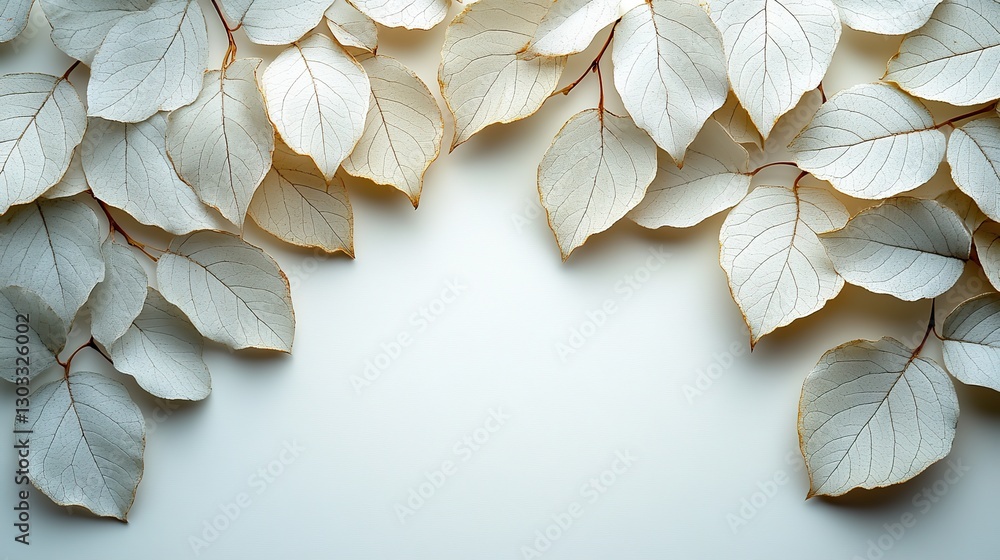 Poster white leaves on white background with copy space for text or image
