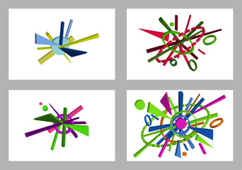 Volumetric multi-colored geometric shapes. Abstract geometry. Set of 4 designs. Background or cover design, vector.