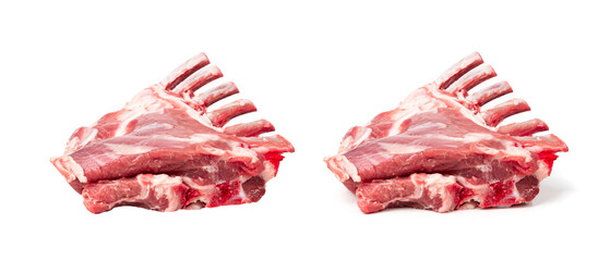Raw lamb rack isolated, fresh mutton fillet with ribs, tenderloin pieces, mutton rump sirloin meat
