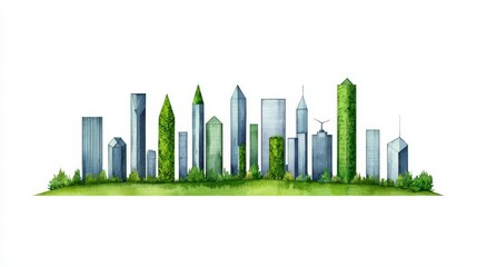 Fototapeta premium A vibrant city skyline blending modern buildings with lush greenery.
