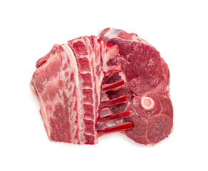 Raw lamb rack isolated, fresh mutton fillet with ribs, tenderloin pieces, mutton rump sirloin meat