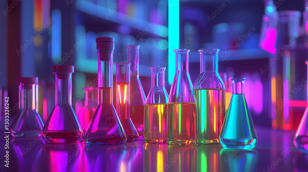 Poster neon-lit laboratory: a vibrant array of laboratory glassware filled with colorful liquids sits on a 