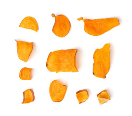 Dry sweet potato chips isolated, dried sliced red vegetable, healthy crispy snack flakes pile