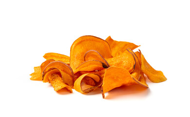 Dry sweet potato chips isolated, dried sliced red vegetable, healthy crispy snack flakes pile
