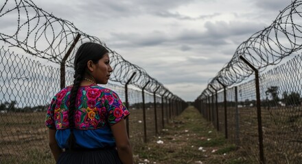 Latin American migrant worker standing defiantly by barbed wire wall - A determined Latin American woman stands before a barbed wire fence representing resilience, hope, struggle, strength