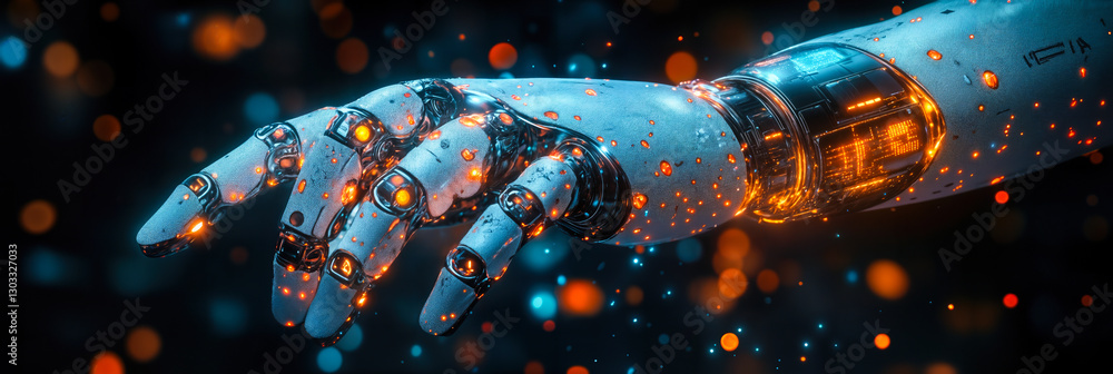 Poster futuristic robotic hand with digital interface illuminating ai powered innovation in technology conc