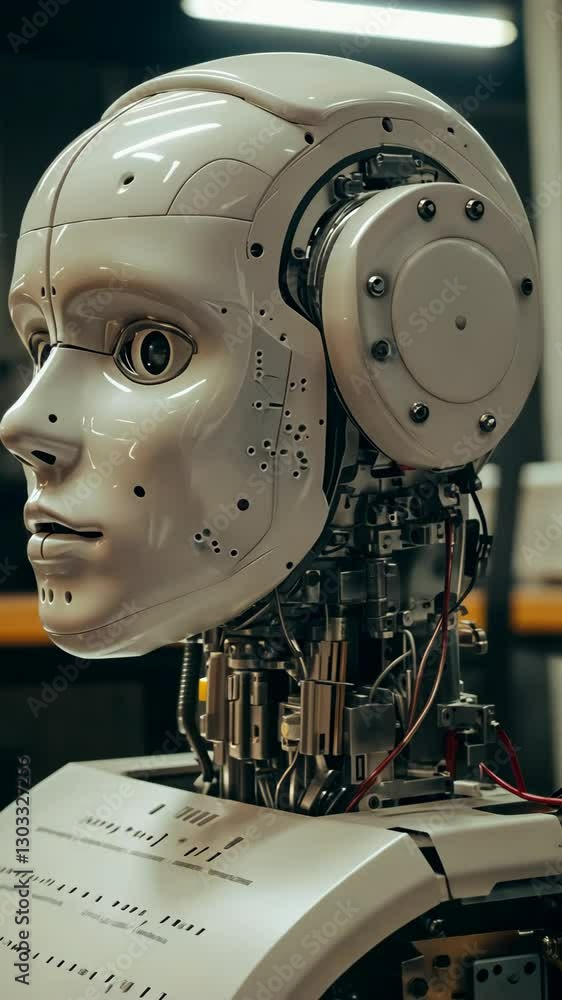 Poster advanced humanoid robot showcasing intricate mechanical design in an industrial workshop setting