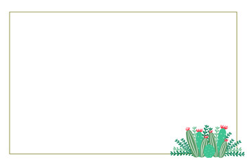 Beautiful horizontal rectangular frame with floral natural ornament. Green flowering cacti and succulents on  white background. Red inflorescences.