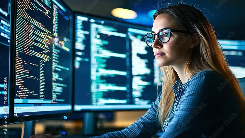 Aufkleber a woman software developer working on code in a futuristic control room environment.