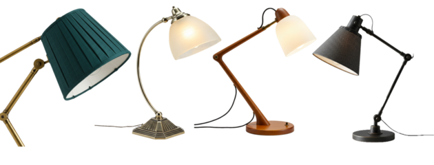 Diverse collection of desk lamps showcasing vintage and modern designs illuminated