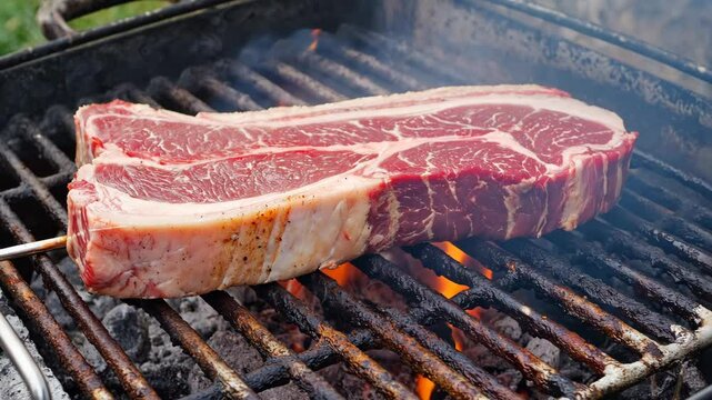  barbecue grill bbq rotating beaf steaks with open fire smoke