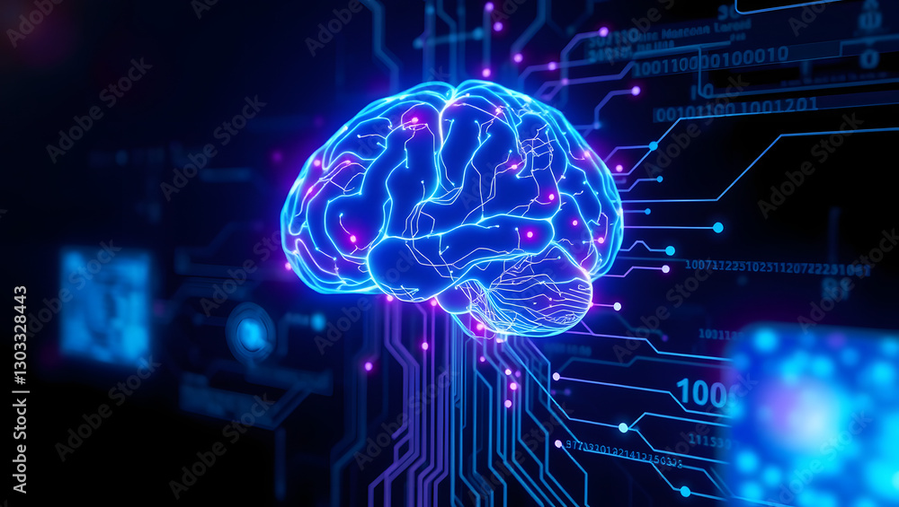 Poster a digital representation of a human brain, with glowing circuits and neural connections, symbolizing