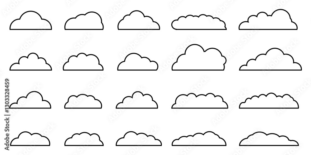 Poster Outline clouds set, soft cloud contour, fluffy float line shapes, cloudy fog