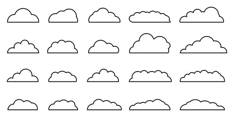 Outline clouds set, soft cloud contour, fluffy float line shapes, cloudy fog