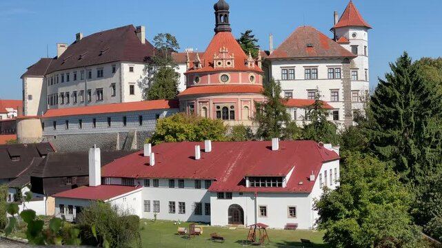 Jindrichuv Hradec, Czech Republic, historic center of Jindřichův Hradec with castle, medieval town, Rondel music pavilion, hudebni pavilon Rondel