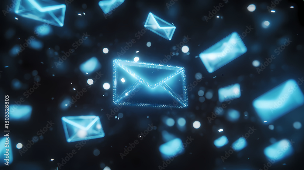Poster digital communication: an artistic, digital rendering shows floating illuminated envelope symbols, r