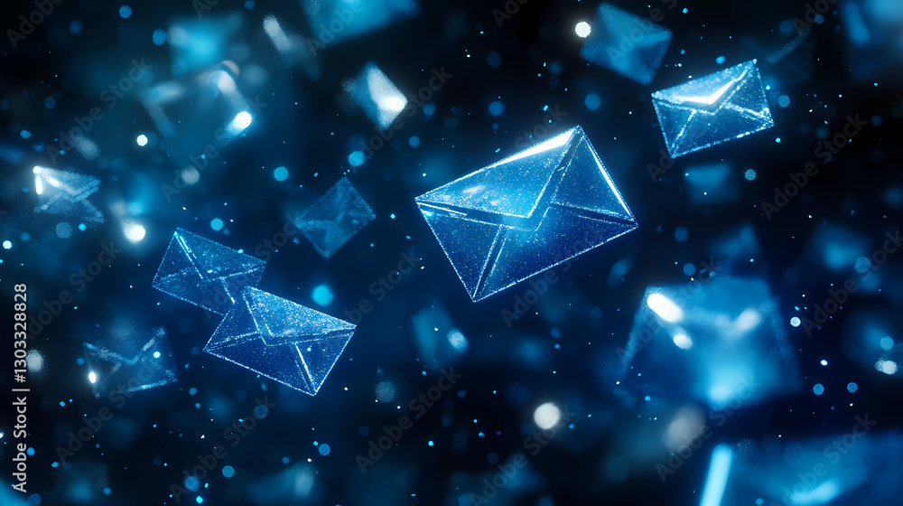 Poster digital communication: a network of radiant digital envelopes floats in the void of communication, t