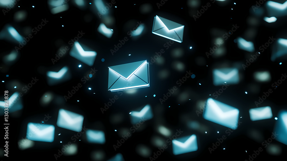 Poster digital mailstorm: glowing email icons cascade through a dark digital space, symbolizing a flood of 