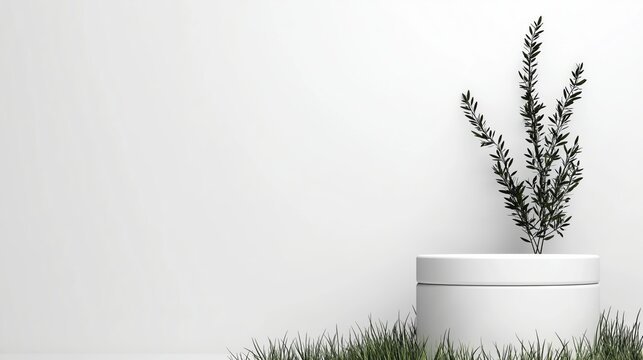 A serene meadow serves as the backdrop for a white podium designed for product presentations. The setting is tranquil, highlighting the podium's elegance and simplicity