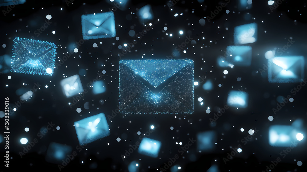 Poster digital mail swarm: a futuristic abstract of countless glowing digital envelopes floating in a dark,