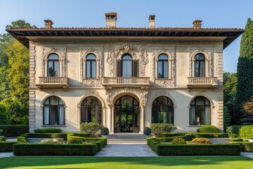 Fototapeta premium A luxurious villa with carved plasterwork around its windows, arched porticos, and balanced gardens