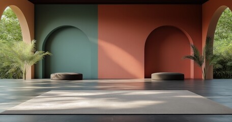 A serene interior showcases a minimalist design with beige arches, smooth curves, and carefully chosen colors creating a harmonious atmosphere