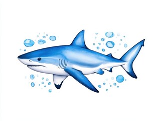 Fototapeta premium Realistic illustration of a shark swimming through bubbles in the ocean