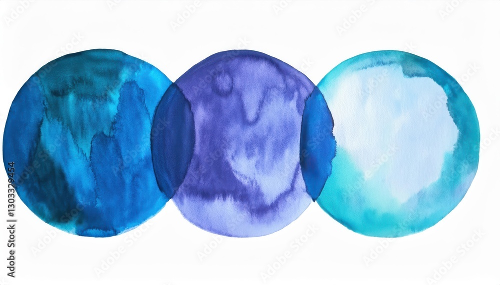 Poster abstract watercolor painting of three overlapping blue and purple circles with fluid gradients for m