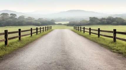 A tranquil gravel road stretches into the distance, bordered by wooden fences, as the early morning mist envelops the rolling green hills and lush trees, creating a serene atmosphere