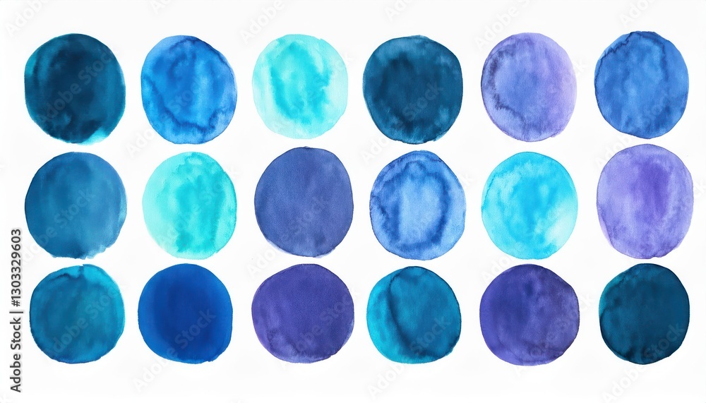 Poster abstract watercolor painting of three overlapping blue and purple circles with fluid gradients for m